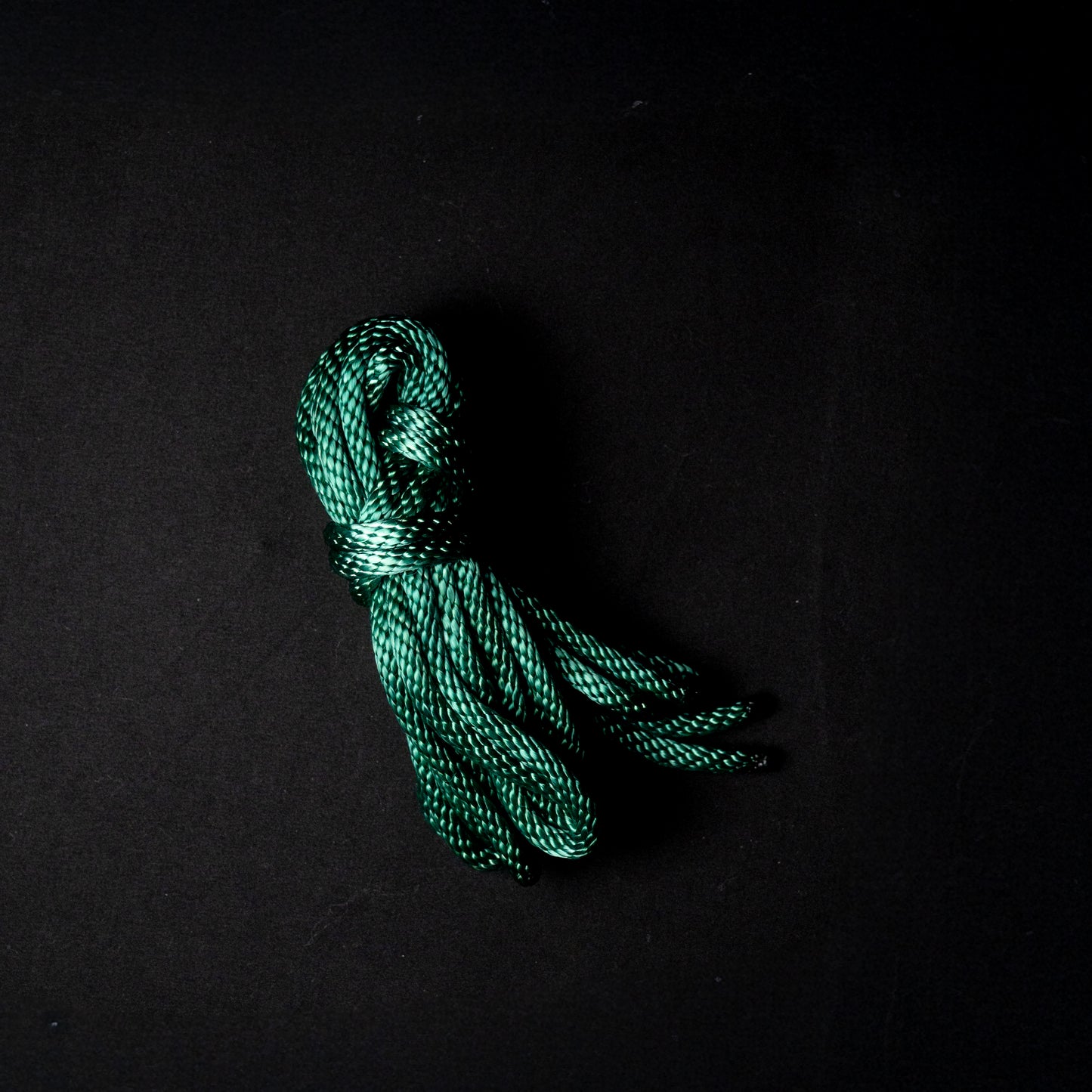 15 ft nylon rope bundle in Serpent Coil, a rich emerald green nylon rope with deep teal shadows and a subtle metallic shimmer, with yellow undertones evoking the scales of a coiled serpent.