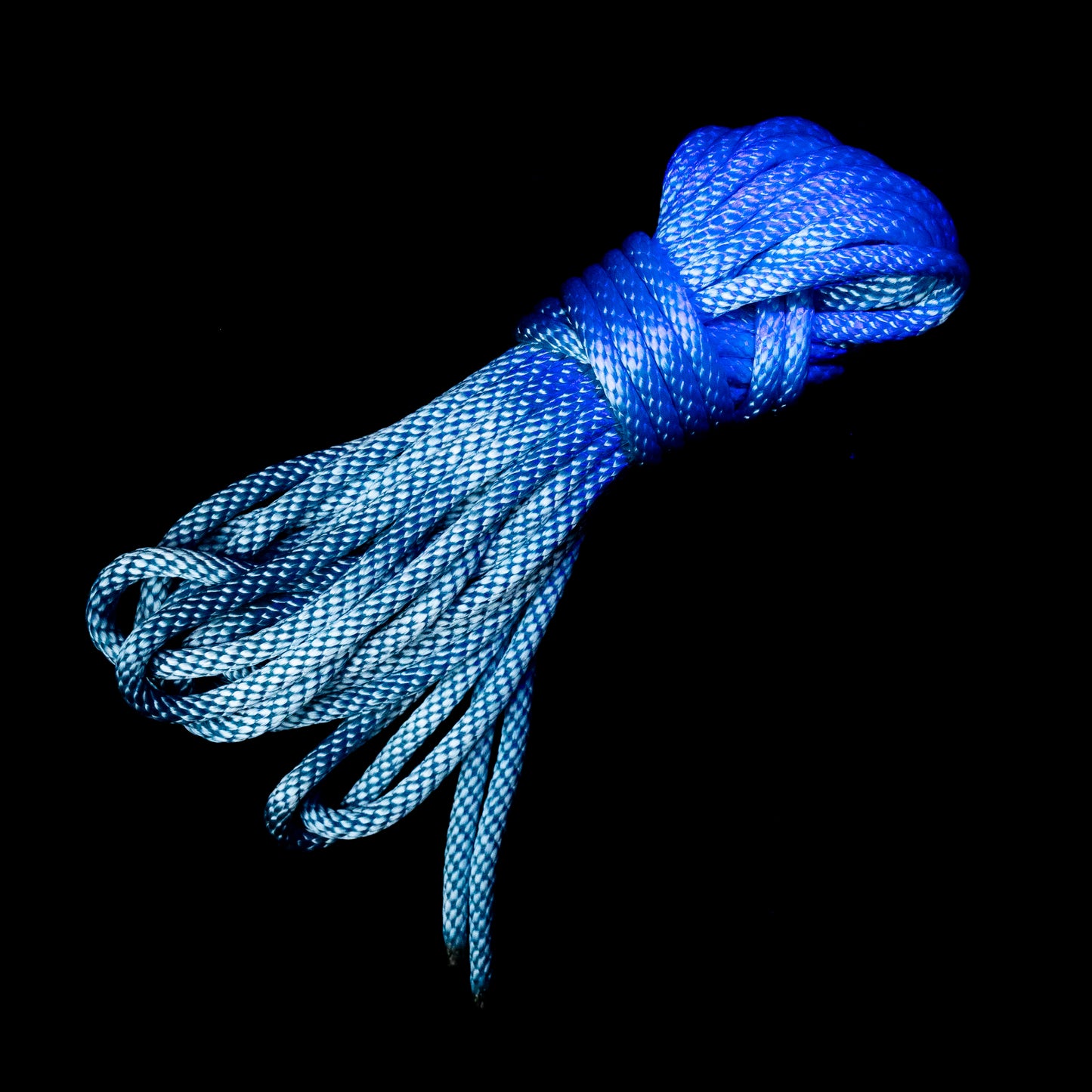 30 ft nylon rope bundle in Frostbight, a neon light blue that hums like frozen lightning under black/UV light. 