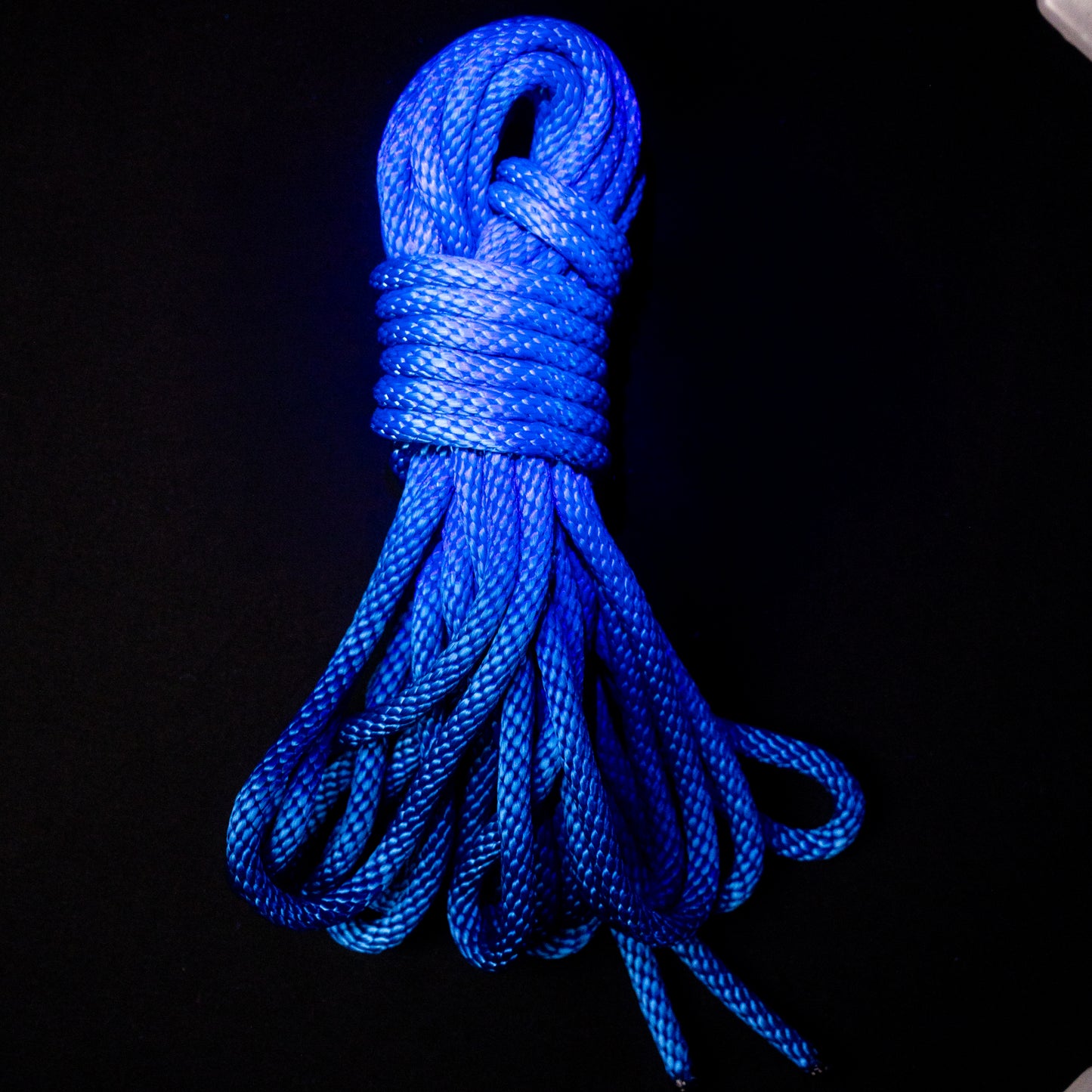 30 ft nylon rope bundle in Neon Whovian Blue — deep royal ultramarine with a glow that blazes galactic under blacklight.