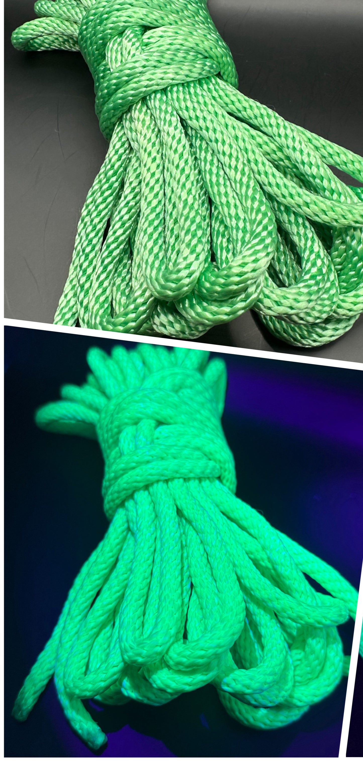 30 ft nylon rope bundle in Peridot Green, a bright green with mild yellow undertones, and blacklight/UV reactive. 