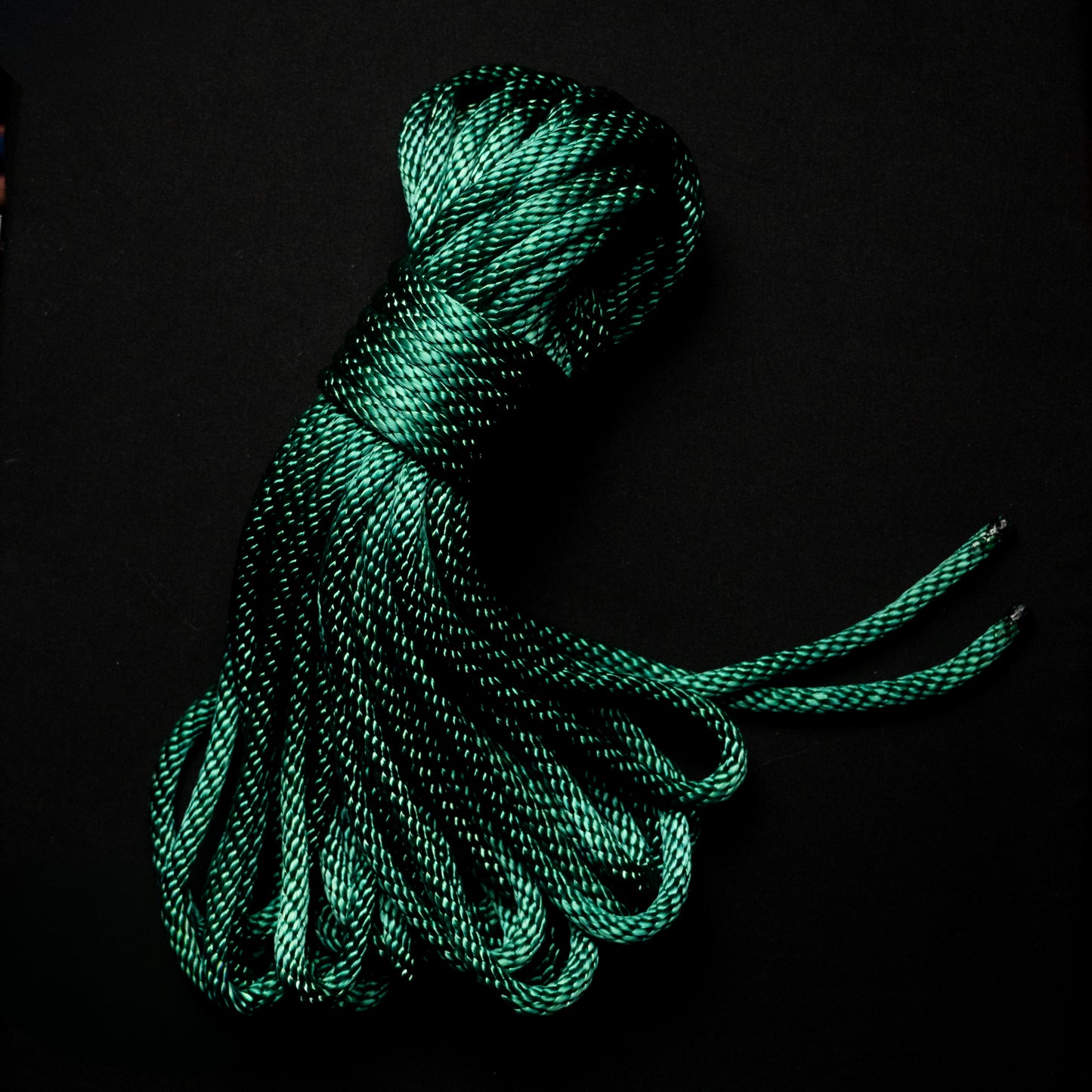 50 ft nylon rope bundle in Serpent Coil, a rich emerald green nylon rope with deep teal shadows and a subtle metallic shimmer, with yellow undertones evoking the scales of a coiled serpent.