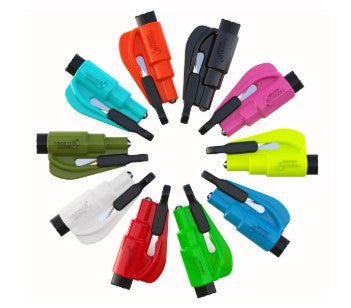 This mini 3-in-1 emergency tool comes with a keychain ring. Just 3" x 1.3" in size, it features a tempered glass breaker, a razor seatbelt cutter, and a built-in emergency whistle — all in one ultra-light keychain tool. Available in a variety of colors including black, red, orange, pink, blue, green, yellow, white, and more! Colors available varies. 