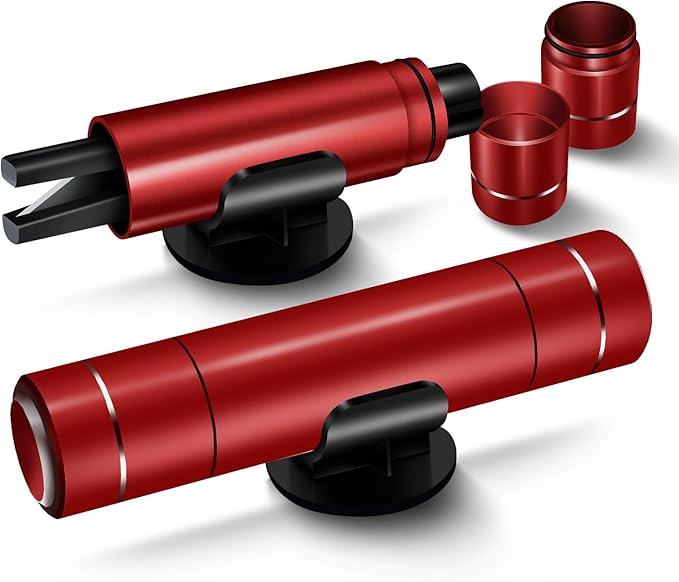 Cylinder shaped product, with removable caps on both ends. One end has the seatbelt cutting option, the other end fitted with a window breaking option. This Regular size emergency tool is approx 4.5 inches long, and weighs approx 5.5 ounces. Each item also comes with a small mounting attachment piece with an adhesive backing. 