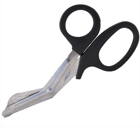 A pair of safety shears, similar to scissor shape, with black or red handles and stainless steel or black blades, designed for first aid use to cut through materials.