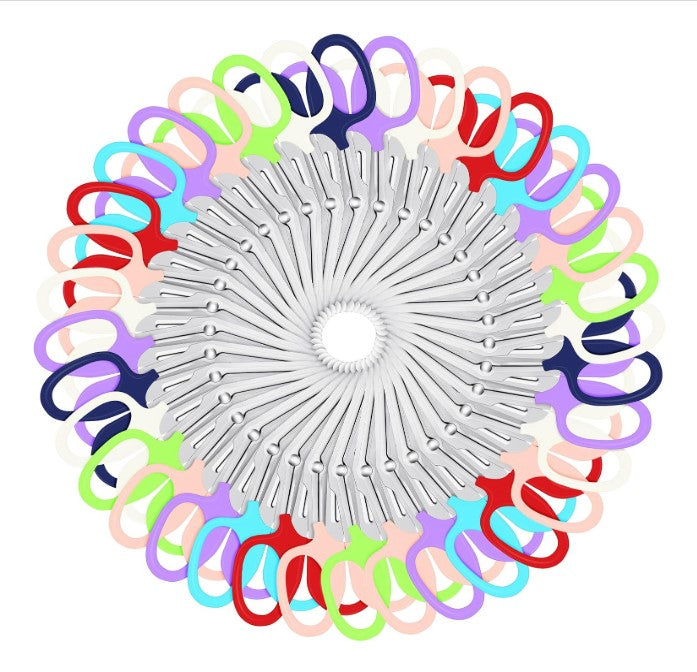 Emergency Scissors/Safety Shears: Each pair is 5.7" long, made with stainless steel and designed for first aid use to cut through thicker materials - it works on our rope, we tried it! Available in Dark Blue, Light Blue, Lime Green, Orange, Pink, Purple, Red, and White handle options, all with silver stainless steel blades.