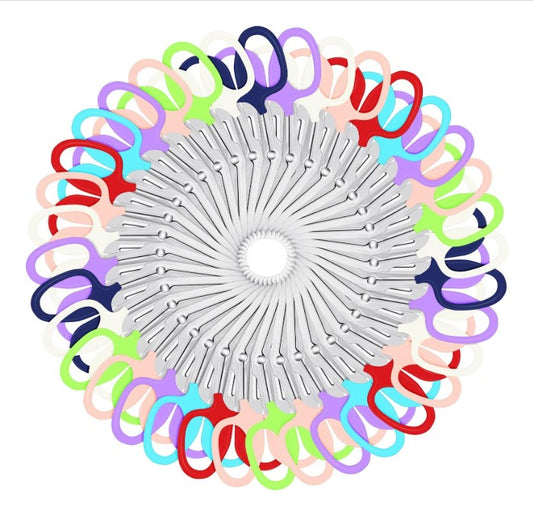 Emergency Scissors/Safety Shears: Each pair is 5.7" long, made with stainless steel and designed for first aid use to cut through thicker materials - it works on our rope, we tried it! Available in Dark Blue, Light Blue, Lime Green, Orange, Pink, Purple, Red, and White handle options, all with silver stainless steel blades.